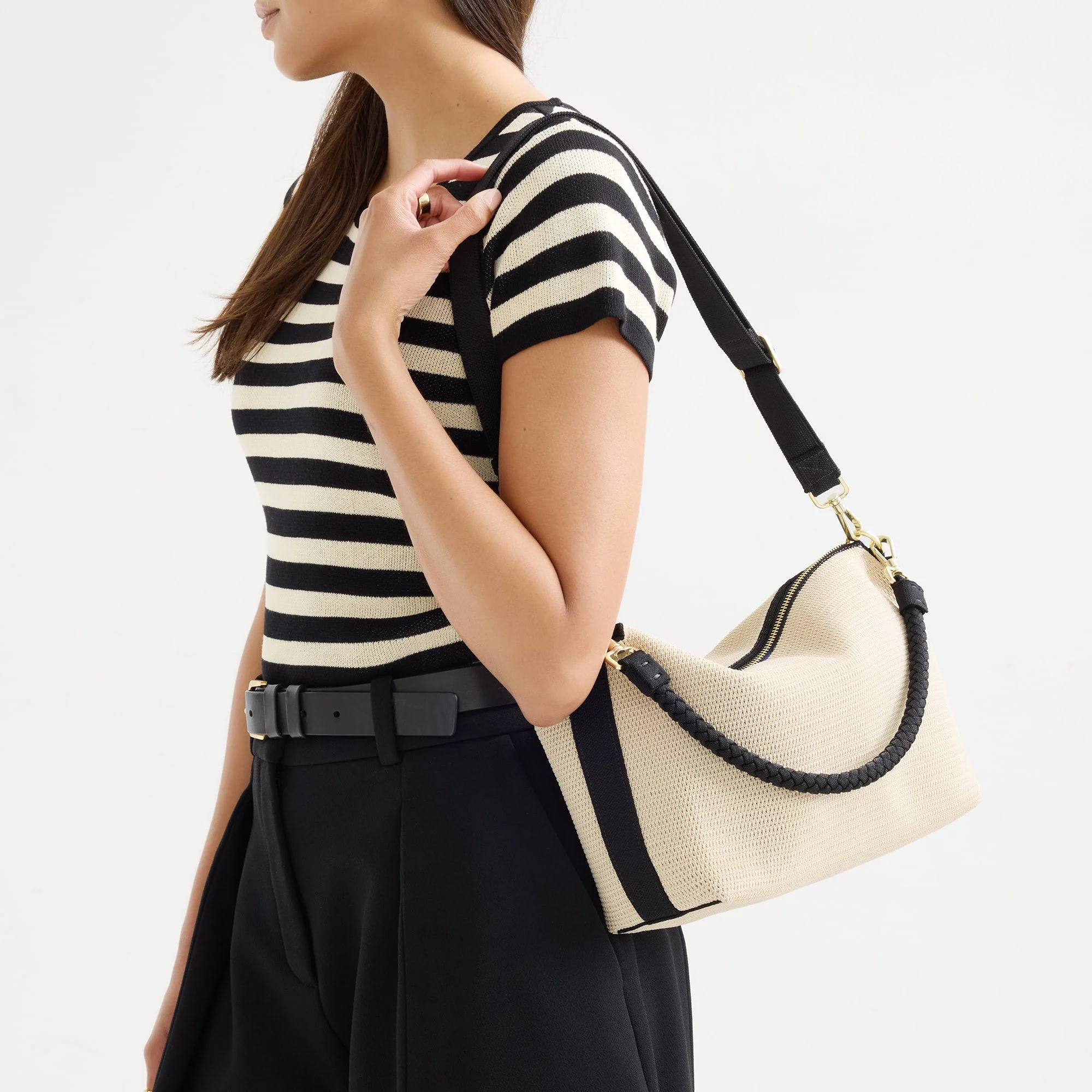 The Daily Crossbody - Black and White Raffia-Knit - Image 3