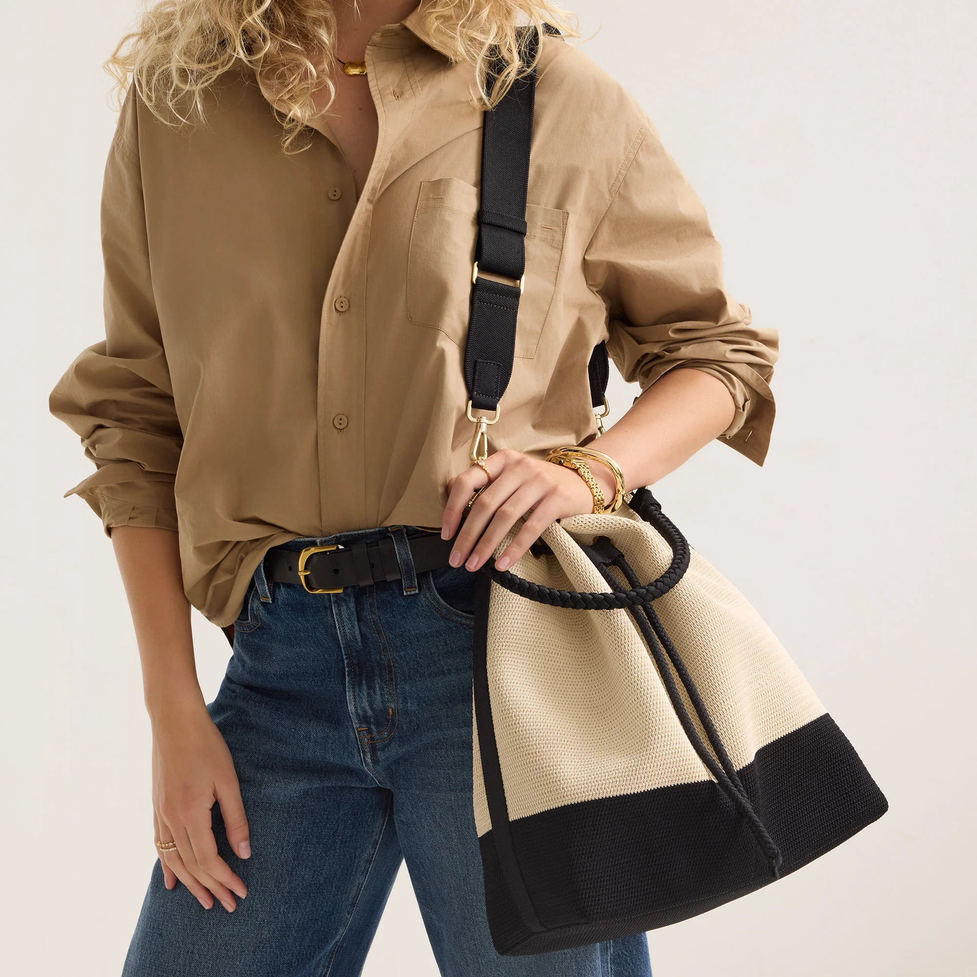The Cinch Bucket Bag - Black and White Raffia-Knit - Image 3