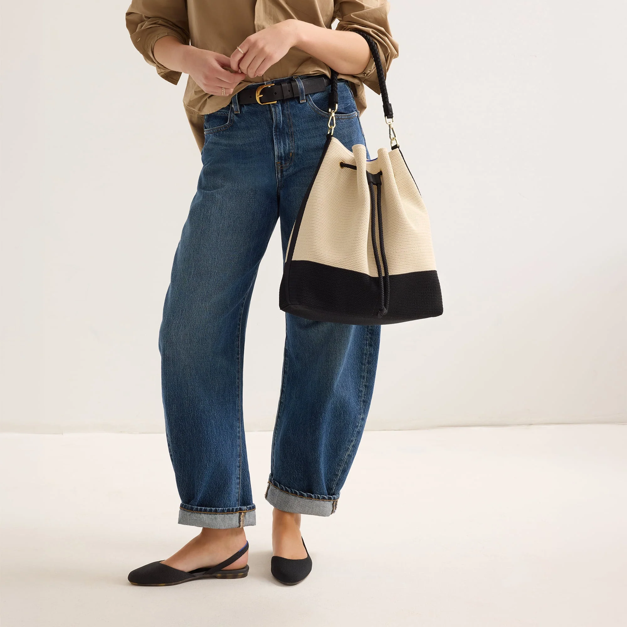 The Cinch Bucket Bag - Black and White Raffia-Knit - Image 4
