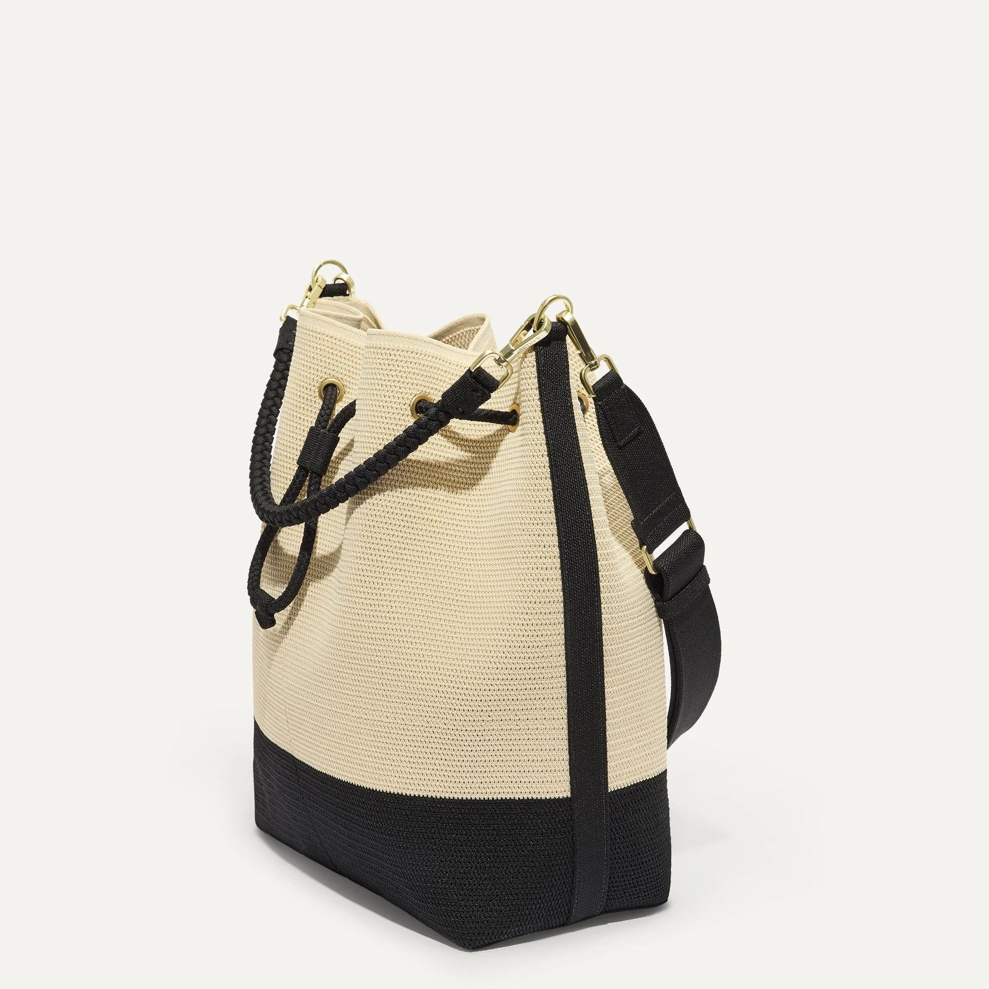 The Cinch Bucket Bag - Black and White Raffia-Knit - Image 5